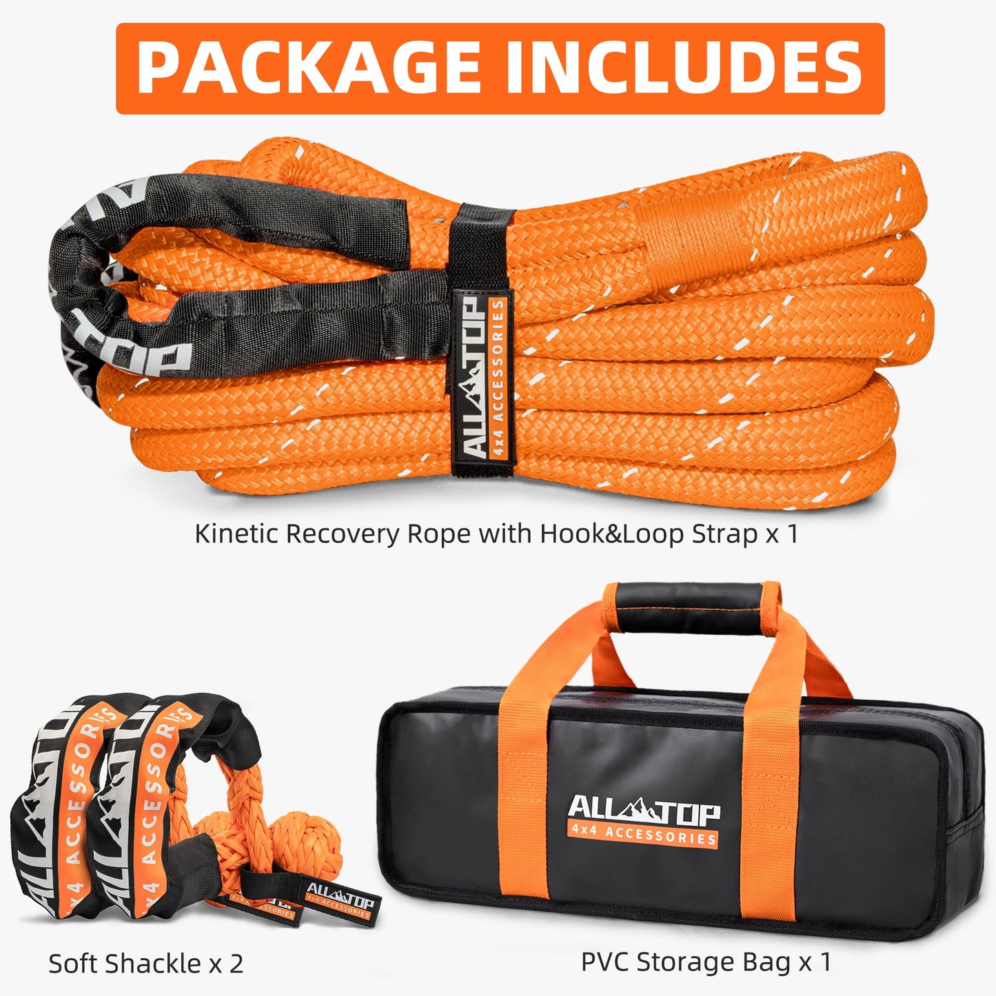 ALL-TOP Kinetic Rope Kit (Reflective) w/ 2 Soft Shackles, 48000Lbs, 1in x 30ft, Heavy Duty 30+% Elasticity, 16000Lbs Work Load Limit