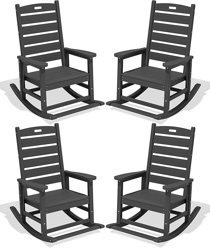 SERWALL Outdoor Rocking Chair Set of 4, Oversized HDPE Patio Rocking Chair with Footrest for Adults, All Weather Porch Rocker for Deck Patio Balcony, Gray