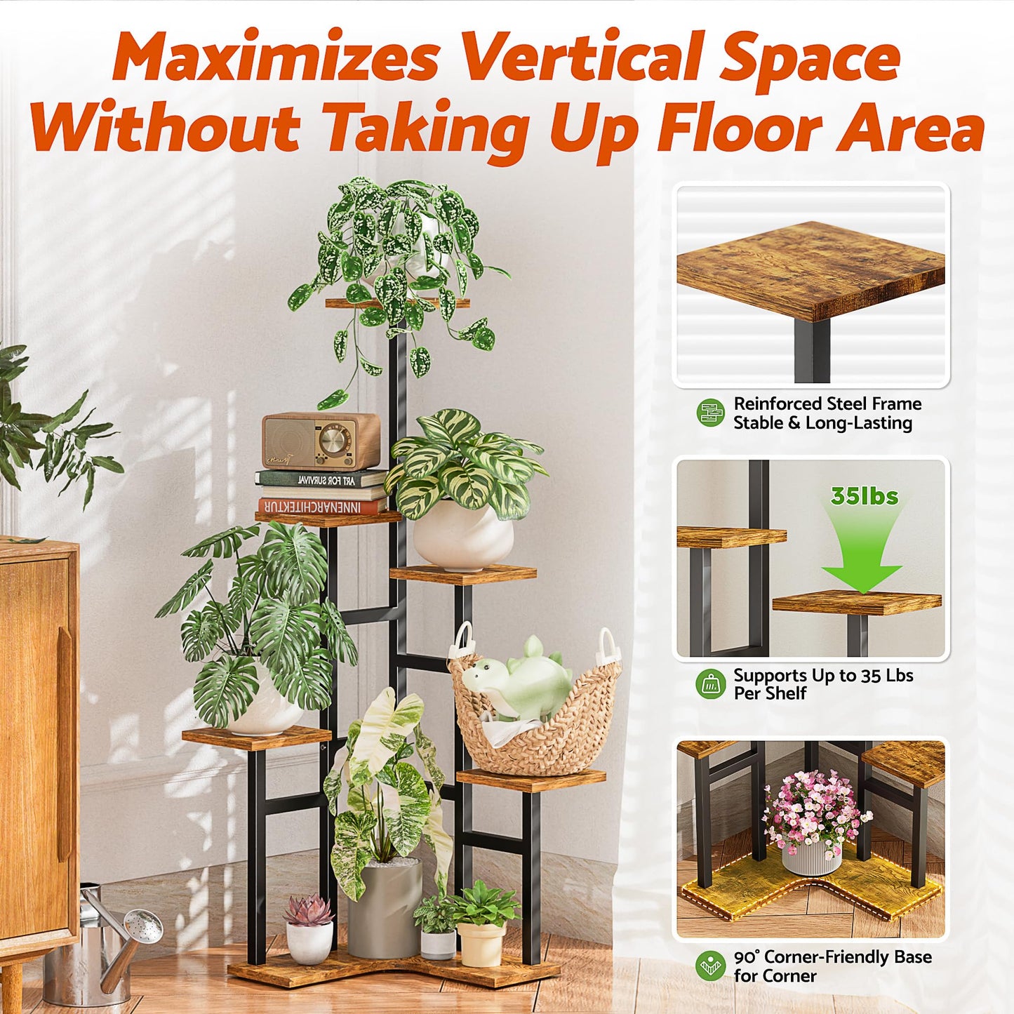 NQW 5 Tier Corner Plant Stand Indoor Wood, Metal Plant Shelf Outdoor, Tall Plant Stands Plant Tables Indoor Plant Rack Tiered Plant Stand Garden Accessories for Balcony Patio -BlackSquare