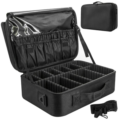 Makeup Bag Make up Case: Large Travel Cosmetic Case Organiser - Professional Portable Makeup Storage Bags for Toiletry - Make Up Artist Tool Brush Vanity Beauty Box with Adjustable Dividers | Black