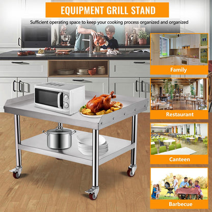 ExploreHorizon Stainless Steel 36x28x24 Inch Equipment Grill Stand Table with wheels, 660 Lbs Top & Bottom Shelf, Adjustable Legs, 2" Edge Baffle, for Hotel, Home, Commercial Restaurant Kitchen