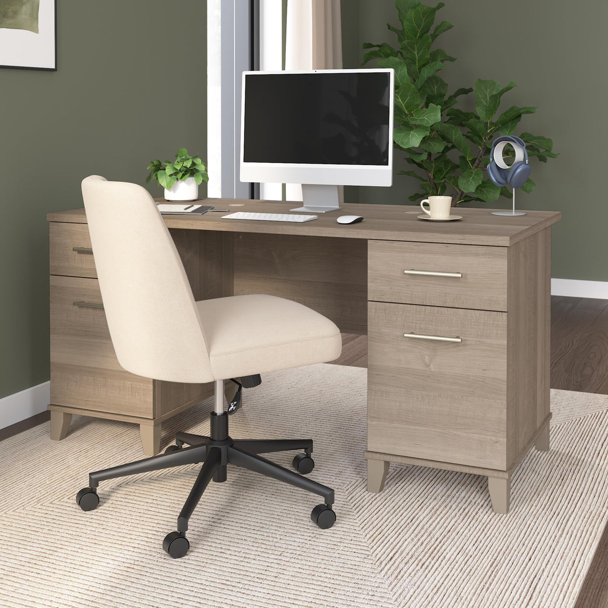 Bush Home 60-Inch Office Desk with Drawers, Computer Desk with File and Box Drawers, Home Office Workstation with Storage Cabinet, Writing Desk Furniture, Somerset Collection, Ash Gray