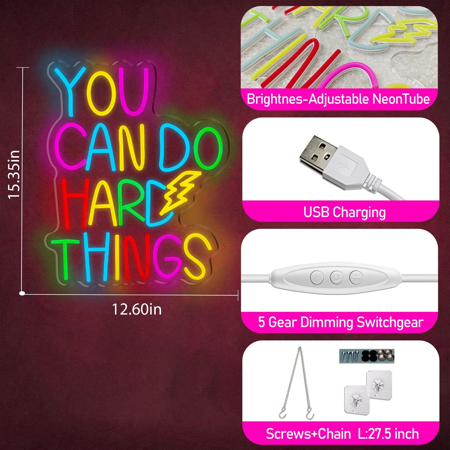 You Can Do Hard Things Neon Sign Dimmable LED USB Powered Neon Light UP for Classroom Wall Decor Art Positive Bedroom Library Study Room Home for Student Kid Teen Birthday Party Christmas Backdrop Decoration Gift (You Can Do Hard Things)