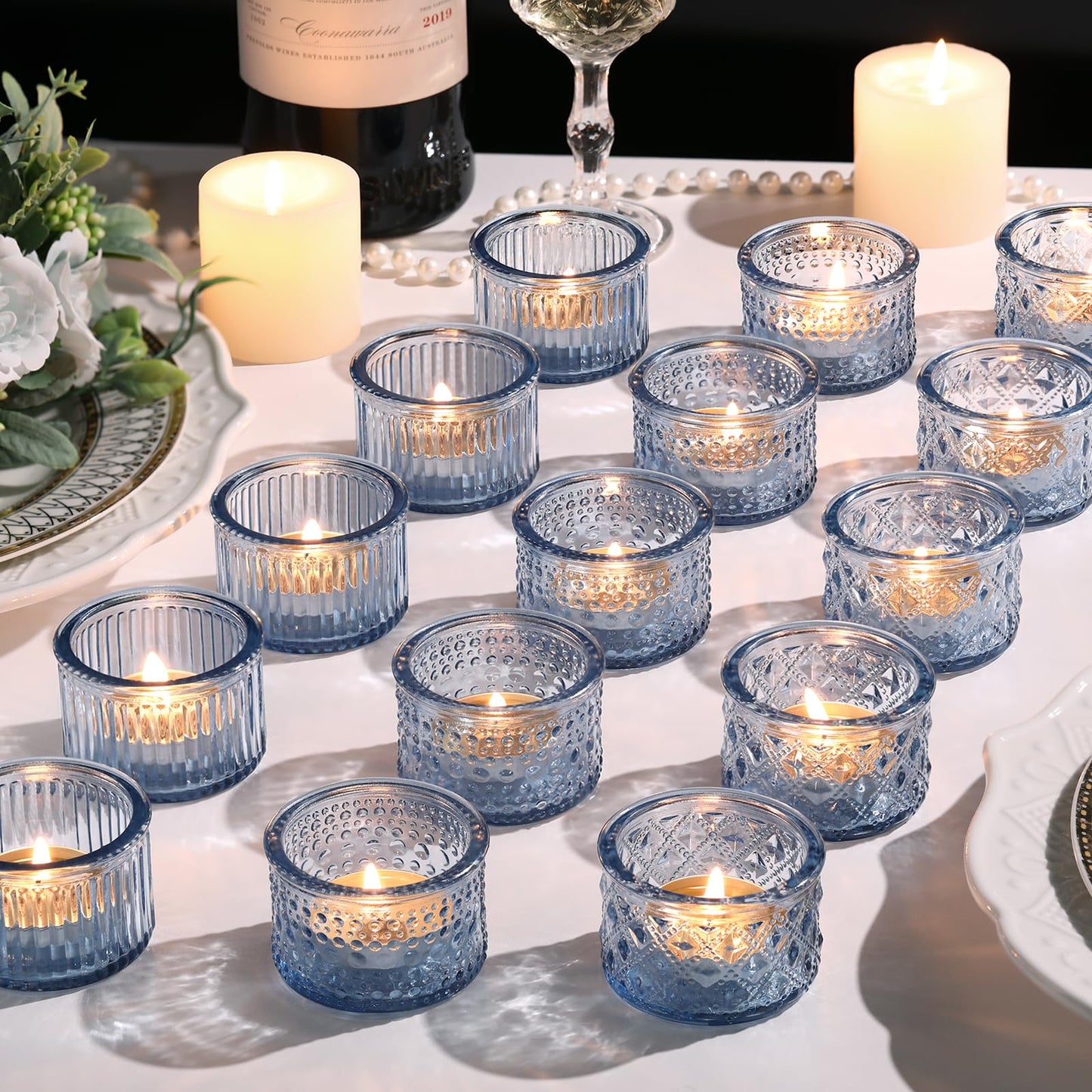 Lanttu 15 Pcs Glass Blue Tealight Candle Holders 2.17"x1.38"