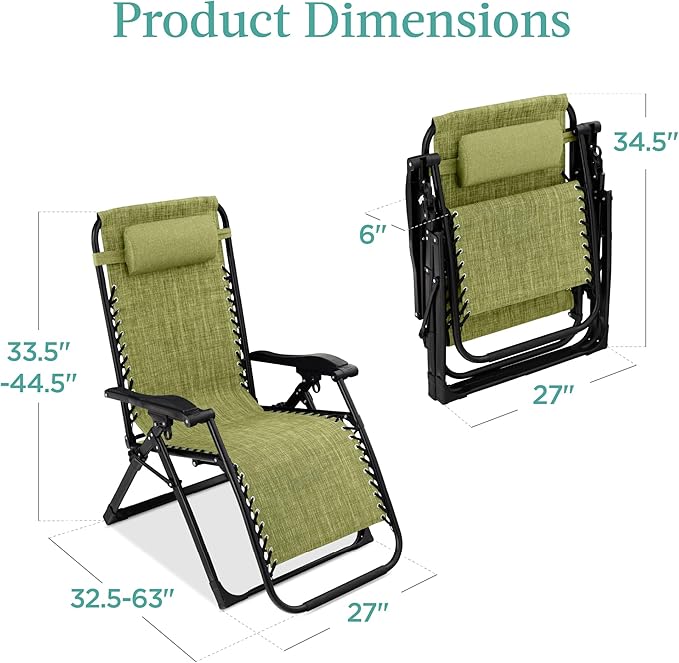 Best Choice Products Oversized Zero Gravity Chair, Folding Outdoor Patio Recliner, XL Anti Gravity Lounger w/Removable Cushion, Cup Holder, Side Tray, 350lb Capacity - Lime Green