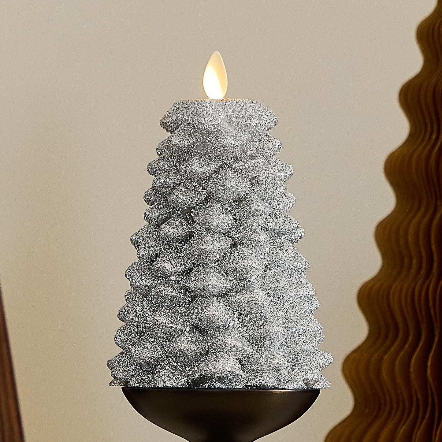 Luminara Brilliant Silver Glitter Flameless LED Candle North Tree Moving Flame Pillar (3.8" x 6")