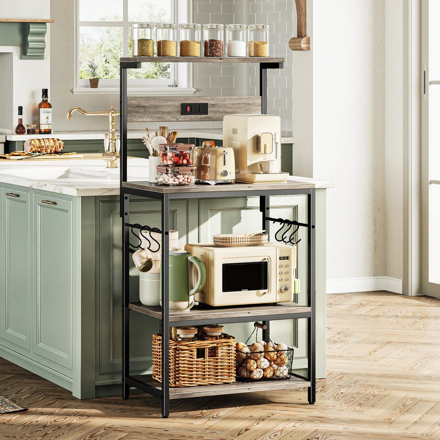 SUPERJARE Kitchen Bakers Rack with Power Outlet, Coffee Bar Table 4 Tiers, Kitchen Microwave Stand with 6 S-shaped Hooks, Storage Shelf Rack for Spices, Pots and Pans - Rustic Brown