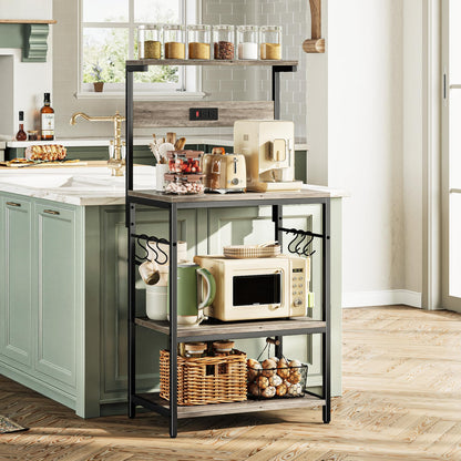 SUPERJARE Kitchen Bakers Rack with Power Outlet, Coffee Bar Table 4 Tiers, Kitchen Microwave Stand with 6 S-shaped Hooks, Storage Shelf Rack for Spices, Pots and Pans - Rustic Brown