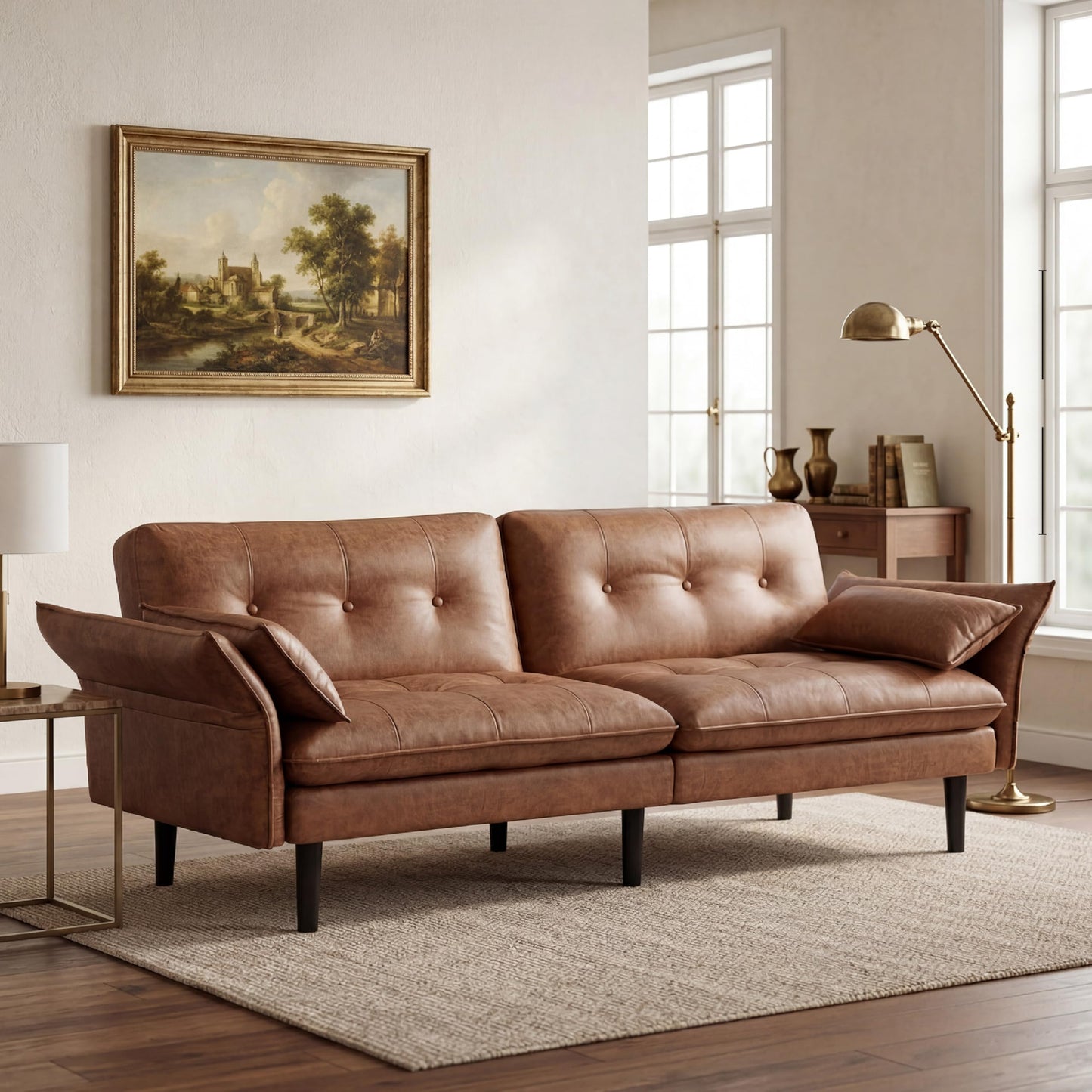 Attalee Convertible Futon Sofa Bed, Faux Leather Futon Couch with 3 Adjustable Angles & Armrests, Sleeper Sofa with Side Pockets for Living Room, Bedroom, Apartment, Camel(Brown)