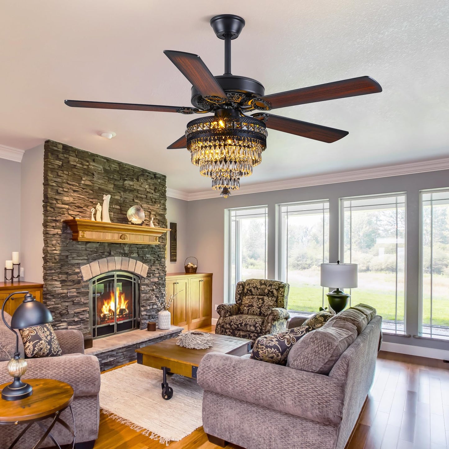 Asyko 50" Crystal Ceiling Fan Fandelier with Lights - Modern Black Chandelier Fans with Remote Control，Noiseless AC Motor, Retro/Farmhouse Lighting, Dining Room，Living Room