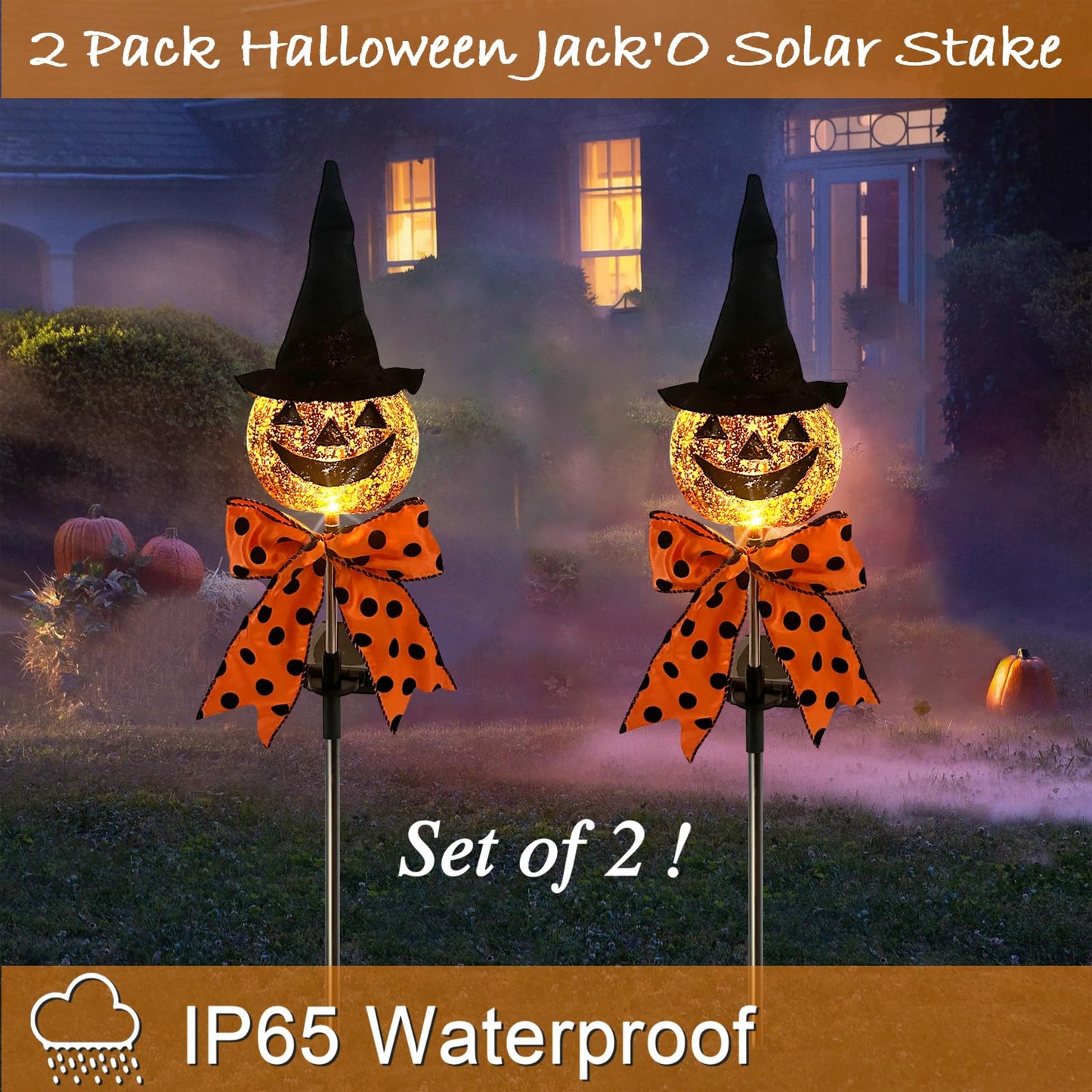 2Pack Halloween Pumpkin Solar Stake,Jack'O Outdoor Pathway Decorations for Yard,Lawn,Garden,Powered Lights for Halloween Decor