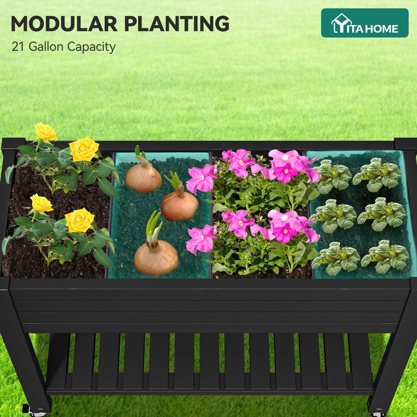 YITAHOME 43.3x17.7x34 in Elevated Garden Bed, Outdoor Plastic Planter Box with Wheels, Legs, Drain Plug, and Storage Shelf for Plants, Vegetables, Flowers, Herbs, Black