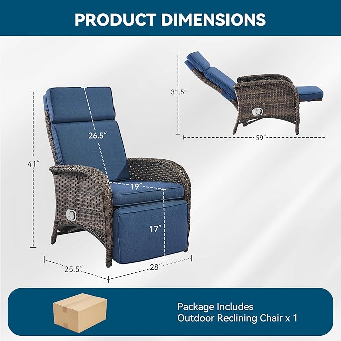 Zero Gravity Wicker Patio Recliner Chair - Wicker Outdoor Lounge Chair with Adjustable Backrest & Footrest, All Weather Outdoor Reclining Chairs with Thick Cushion for Pool Deck Blue