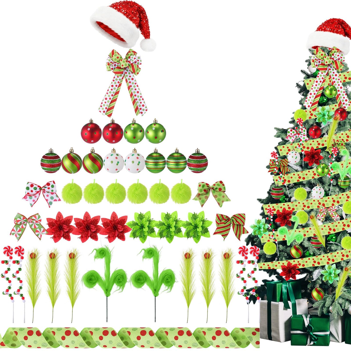Halfchet 43 Pcs Christmas Tree Hanging Decorations Xmas Tree Ornaments Holiday Mini Pendants Ribbon Candy Red White and Green Hanging Ornaments for Party Decoration