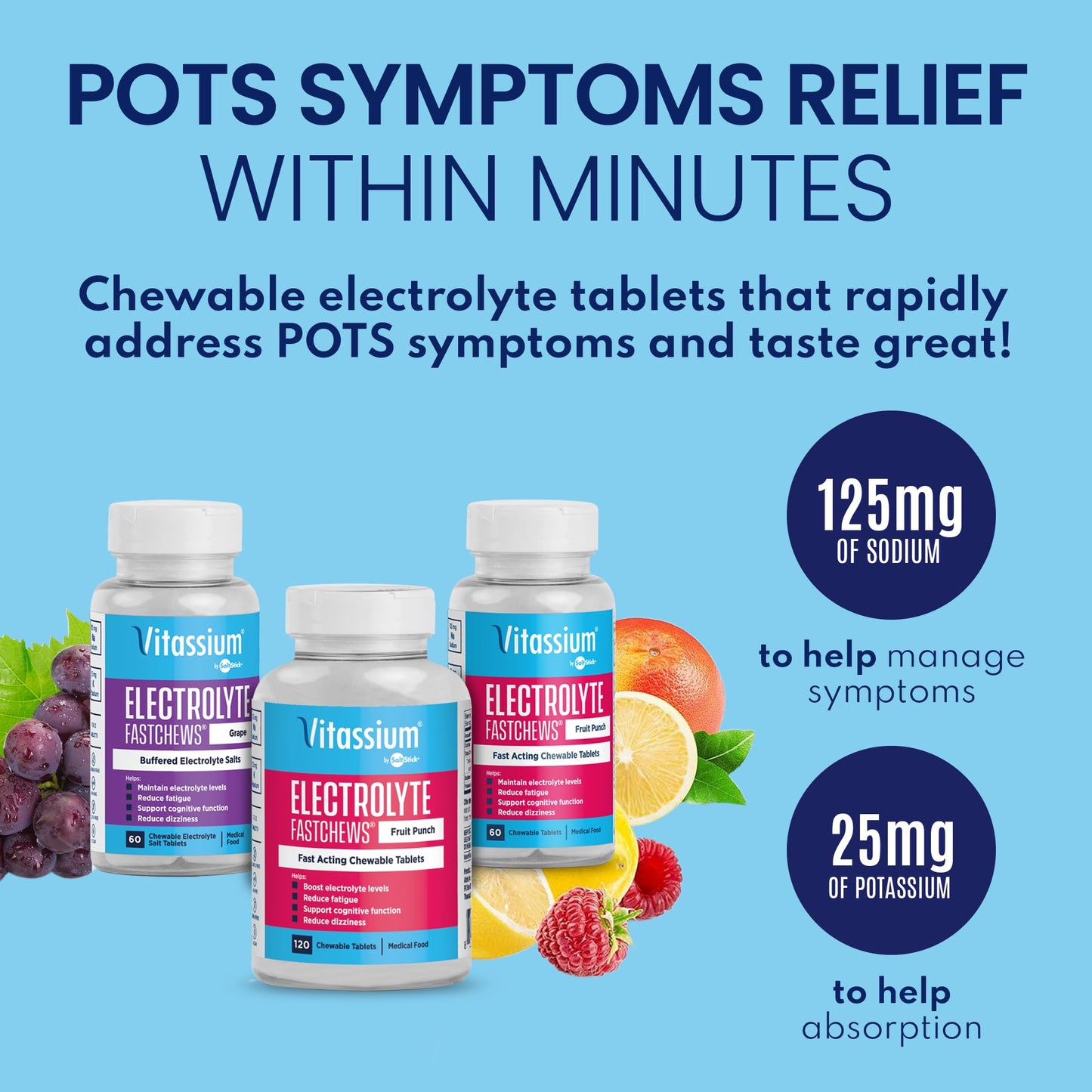 Vitassium FastChews, Chewable Electrolyte Tablets, Fast-Acting Sodium Tablets, Fruit Punch, 60 Count