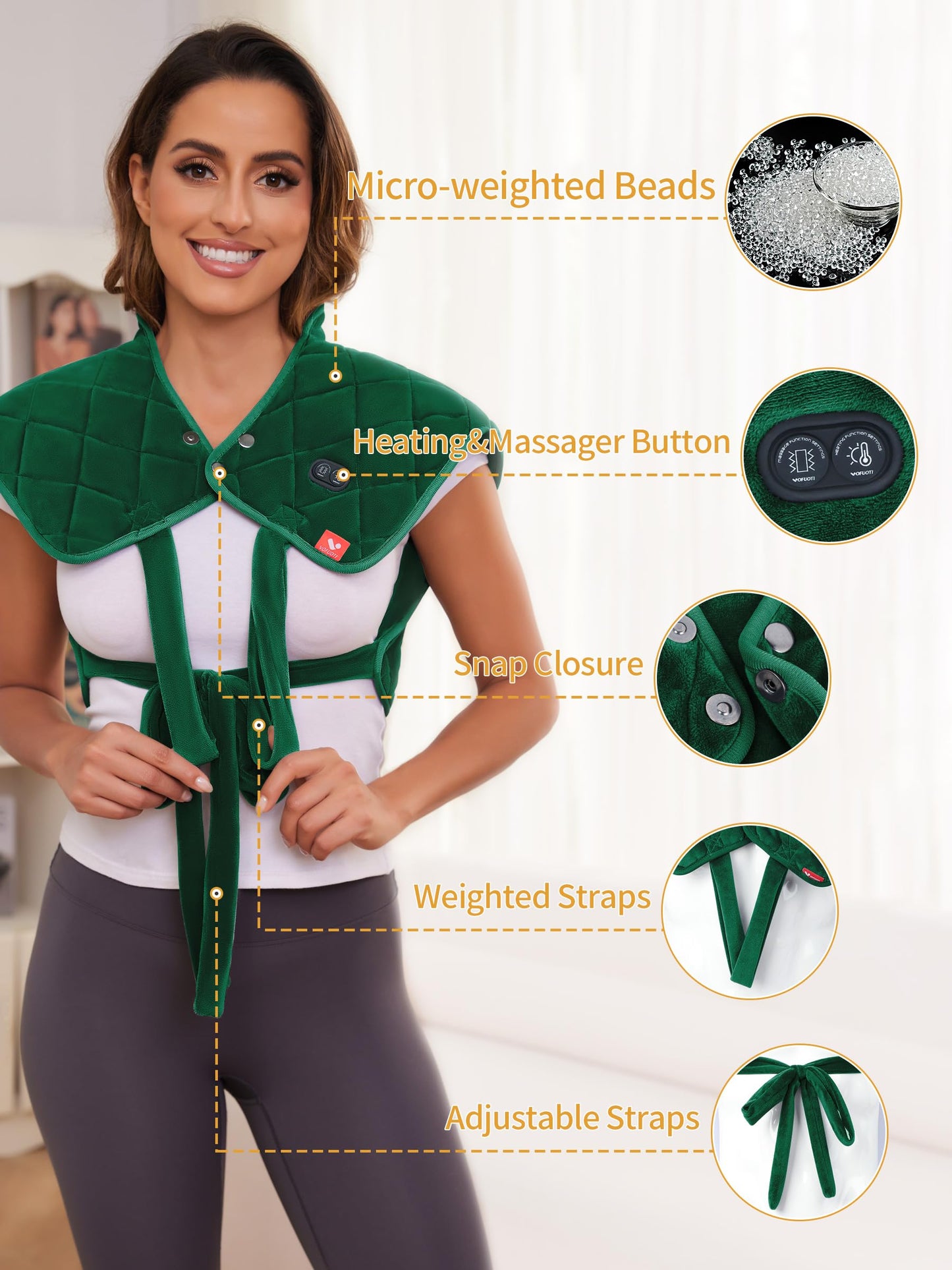 Vofuoti Heating Pad for Neck and Shoulders, Portable Heating Pad with Massager and Battery, Weighted Electric Heated Neck Shoulder Wrap, 16'' x 22'', 2.2lbs