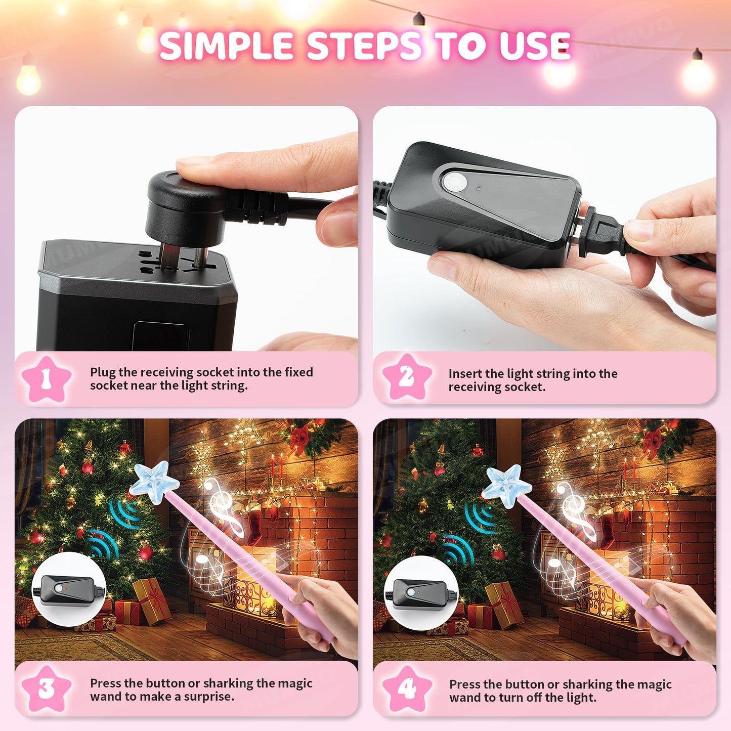 Christmas Wand Remote Control Outlet Kit with Music Surprised, Magic Light Wand for Christmas Tree Lights Smart Outlet for Home Decor Lights Kids Xmas Gift, Remote Light Switch with 100 Ft Range, Pink