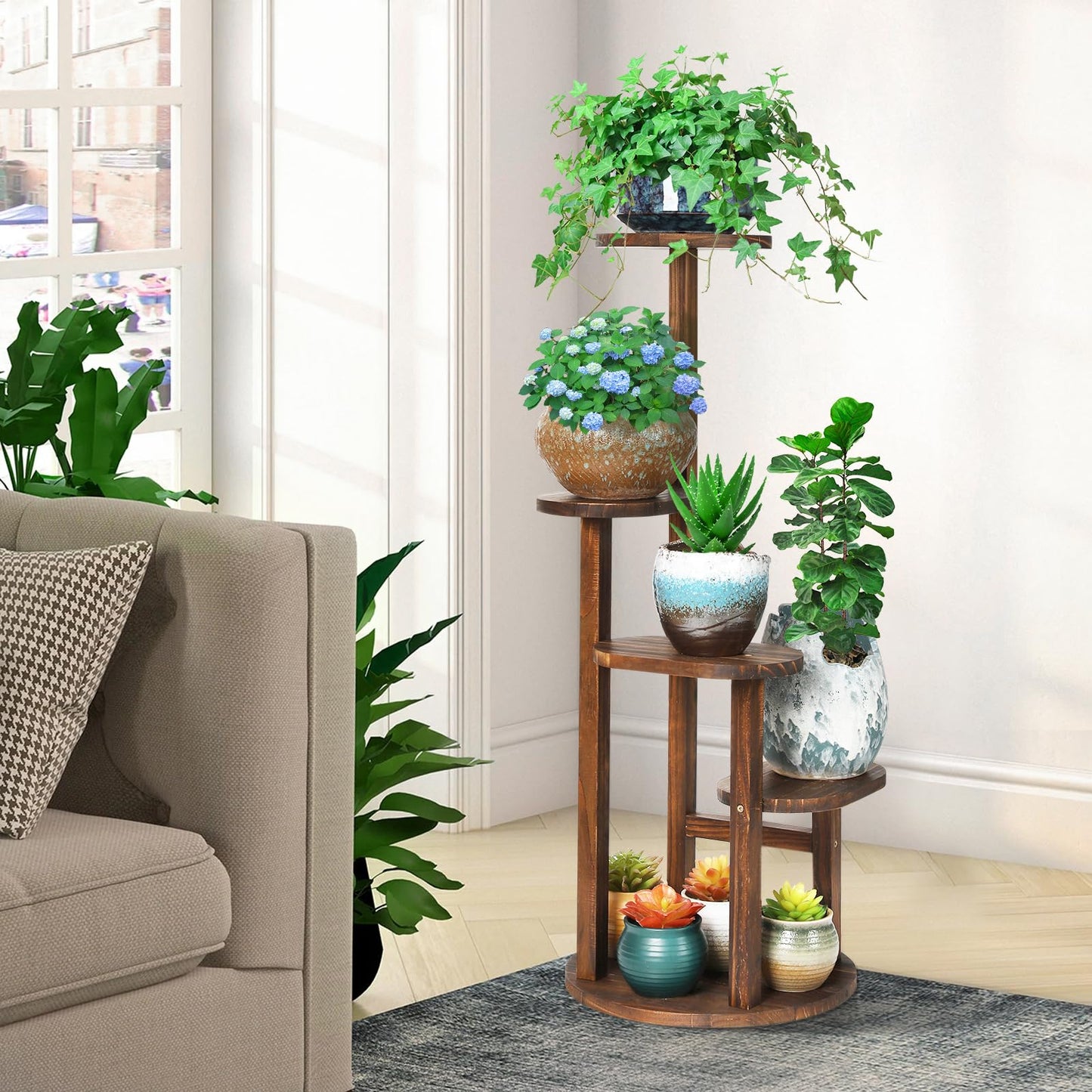 Jotboom 4 Tier Tall Plant Stand Indoor, Wood Corner Plant Shelf for Multiple Plants, Sturdy Oval Tiered Flower Pot Holder Display Rack for Living Room Balcony Patio, Carbonized Pine Wood