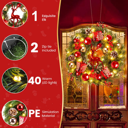 Quntis Lighted Christmas Wreath Front Door - 16'' Reindeer Winter Wreath with 8 Modes Timer, Red Gold Balls, Snowflakes, Pine Cones, Berries for Indoor Outdoor Holiday Windows Fireplace Mantel Porch