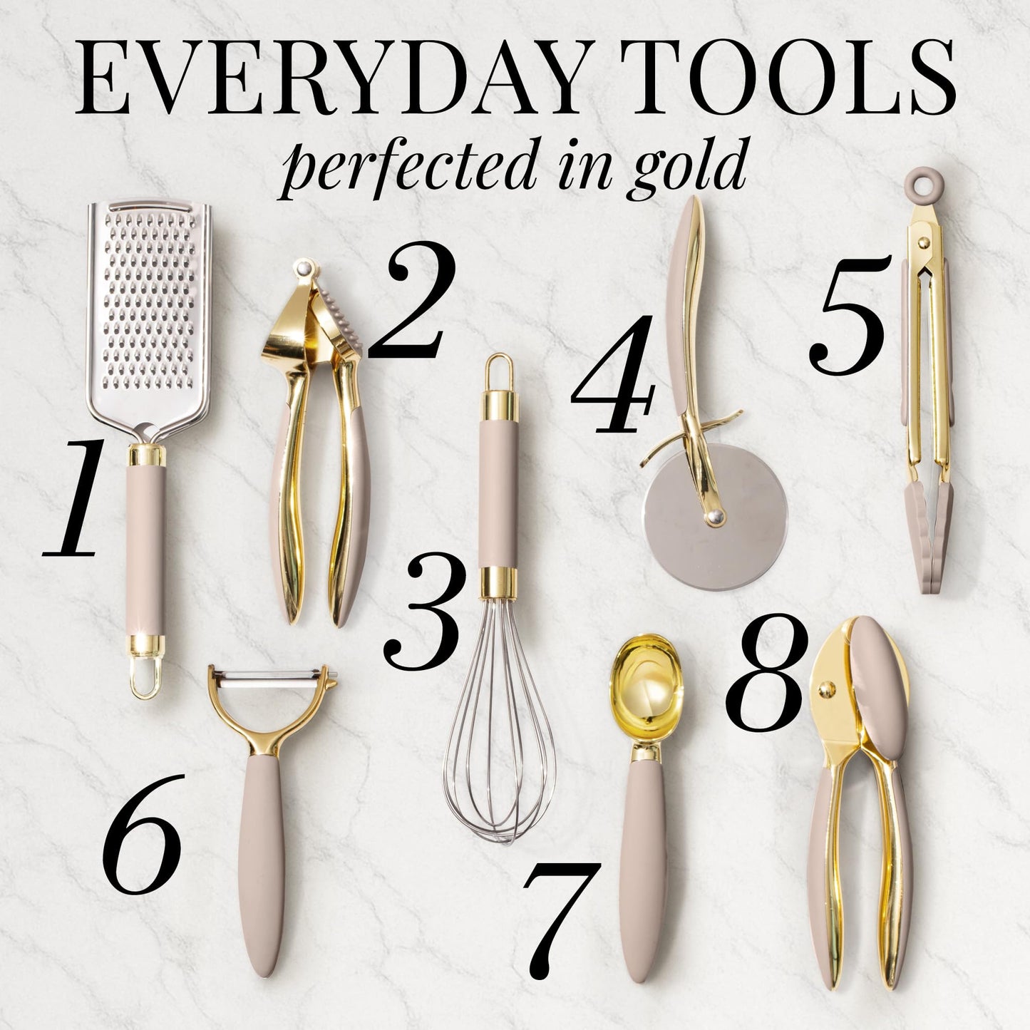 White & Gold Cooking Utensils Set - Luxe 8-Piece Kitchen Gadget Set Includes Can Opener, Tongs and Garlic Press - Stylish White and Gold Kitchen Accessories for Modern Kitchens, Ideal for Gifting