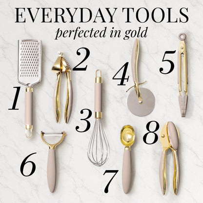 White & Gold Cooking Utensils Set - Luxe 8-Piece Kitchen Gadget Set Includes Can Opener, Tongs and Garlic Press - Stylish White and Gold Kitchen Accessories for Modern Kitchens, Ideal for Gifting