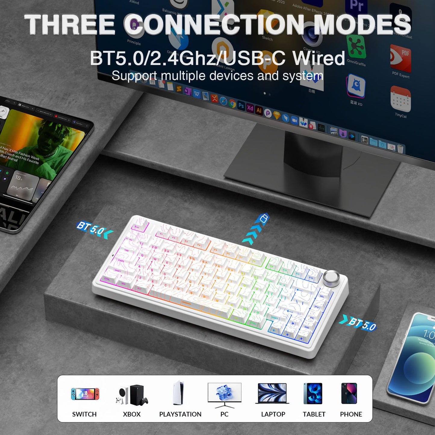 AULA F75 Pro Wireless Mechanical Keyboard,75% Hot Swappable Custom Keyboard with Knob,RGB Backlit,Pre-lubed Reaper Switches,Side Printed PBT Keycaps,2.4GHz/USB-C/BT5.0 Mechanical Gaming Keyboards