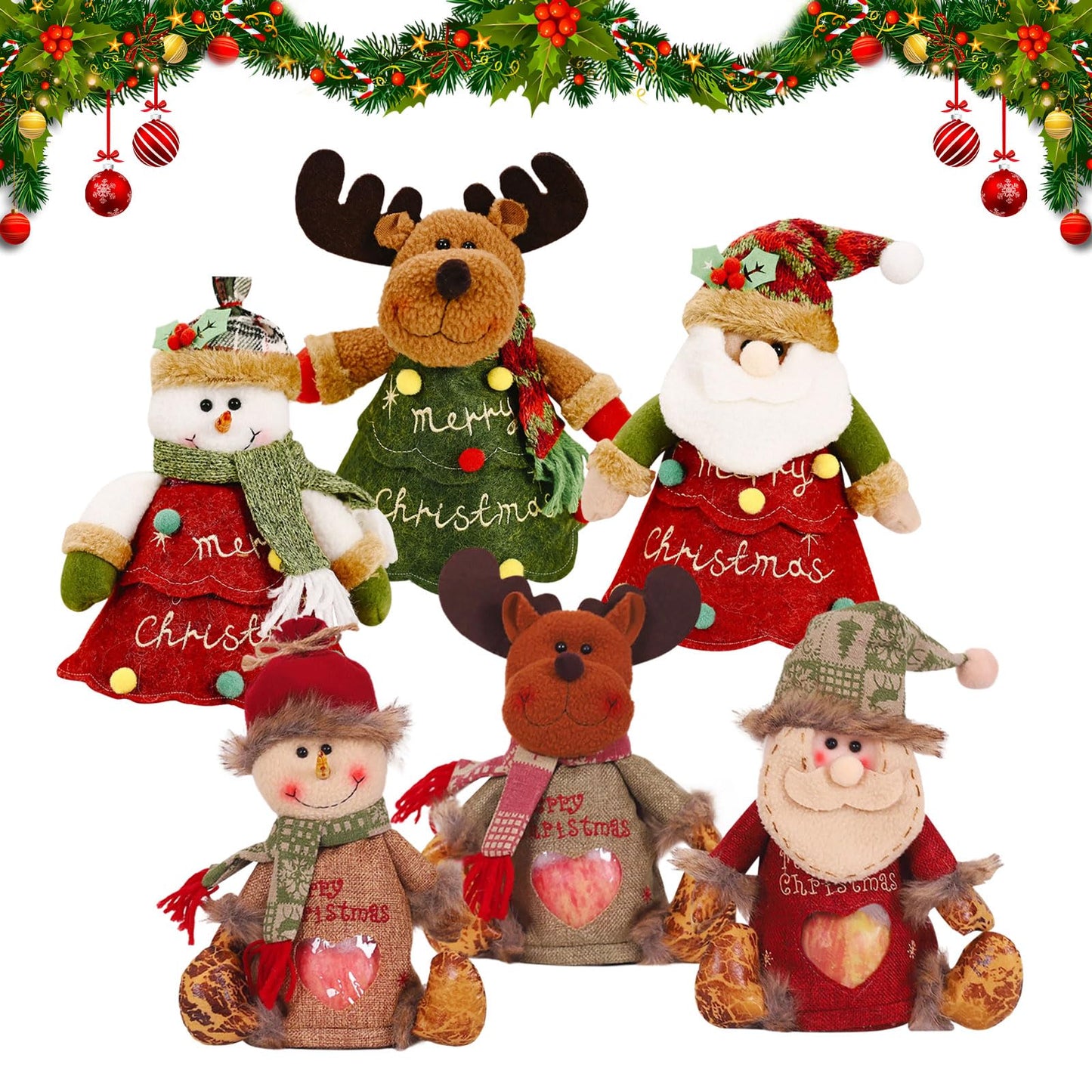 RUIQLXHANG 6 Pcs Christmas Gift Bags Zipper Design, 2025 New 3D Doll Decoration Gift Bag, Santa Snowman Doll Storage Gift Bag for Christmas Party and Festival