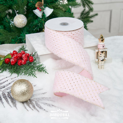 DINDOSAL Pink and Gold Christmas Ribbon 2.5" X 10 Yards Pink Faux Fur Wired Ribbon for Christmas Tree Decoration, Polka Dot Ribbon Wired for Bows, Wreaths, Garlands, Gift Wrapping, Home Decor