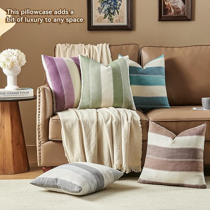 AmHoo Pack of 2 Farmhouse Stripe Check Throw Pillow Covers Set Case Cotton