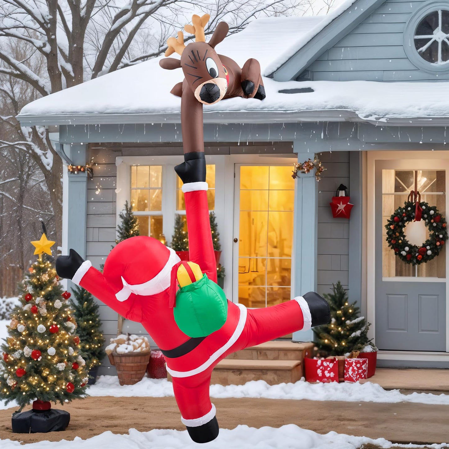 10 FT Hanging Inflatable Outdoor Decoration, Inflatable Elk and Climbing Santa Blow Up Yard Decor with Build-in LEDs, Inflatable Decorations for Outdoor Yard Garden