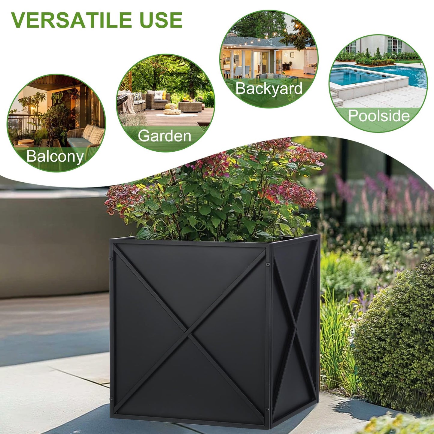 BAYN Metal Square Planter Box Tall Planters for Outdoor Plants Modern Heavy Duty with Drainage Holes for Outside Indoor Patio Deck - Black, 17”x 17”x 18”