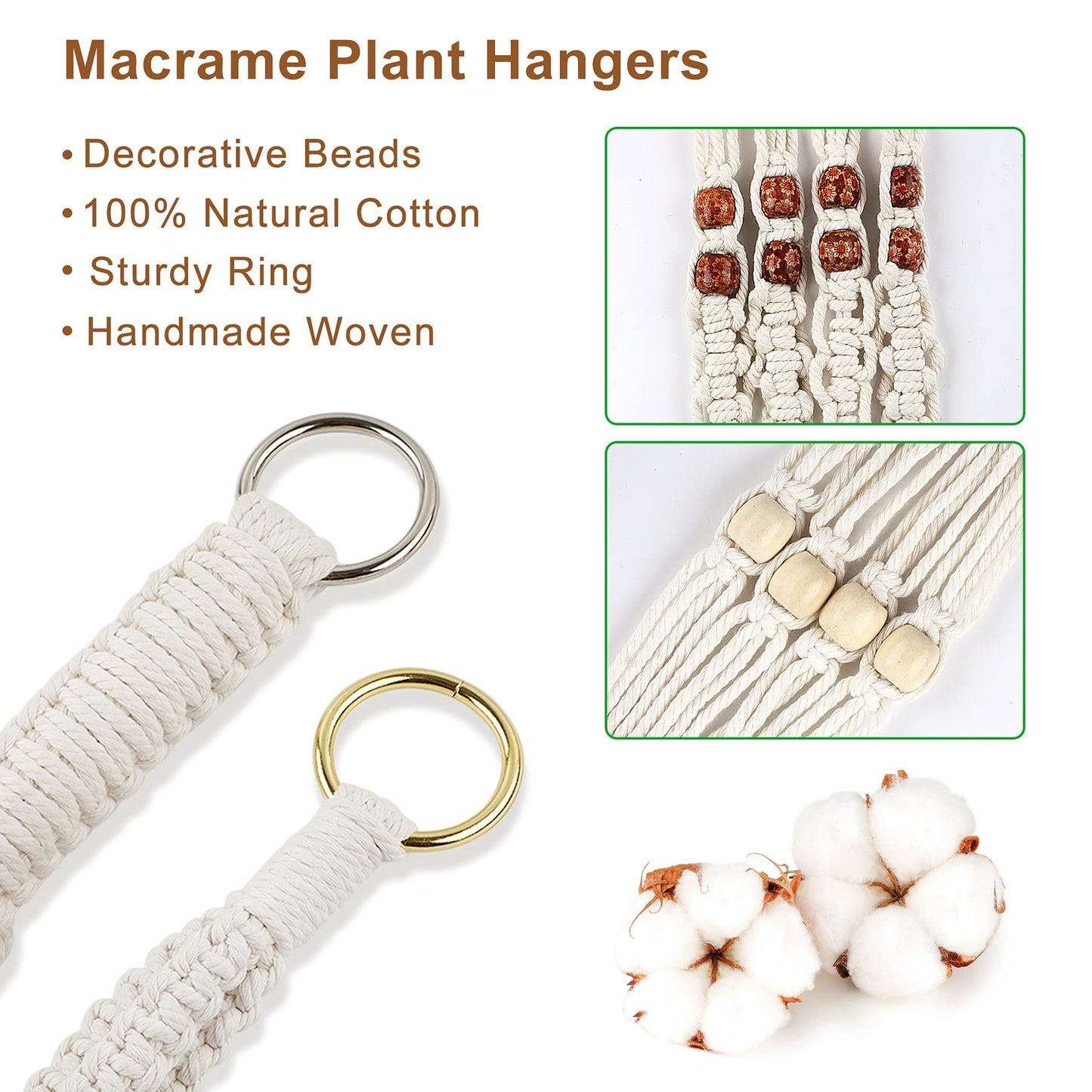 Augshy Macrame Hanging Planter, Set of 5 Plant Hanger Baskets, Handmade Flower Pot Holder for Home Indoor Outdoor Decor with 5 Pcs Ceiling Hooks(White)