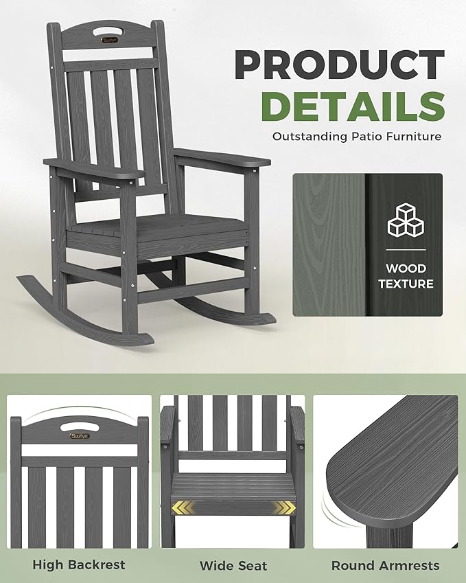 Oversized Outdoor Rocking Chairs Set of 4, High Back Porch Rocker Chair, HDPE All Weather Resistant Rocking Chairs for Patio, 380lbs Weight Capacity, Dark Grey