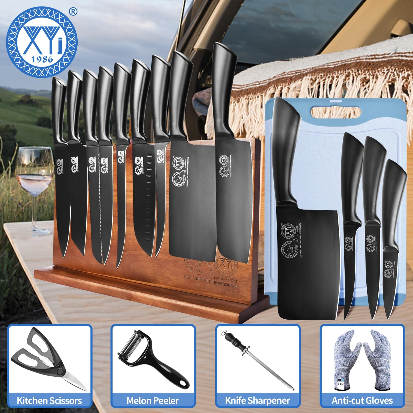 XYJ Professional Knife Sets for Master Chefs,Meat Cleaver Butcher for Camping,Chef Knife Set with Magnetic Knife Block,Stainless Steel Kitchen Knives Tools Kit