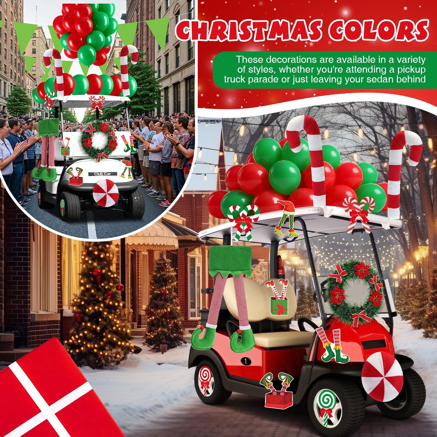 Soulchen 73 Pcs Christmas Car Decoration Kit Candy Cane Santa Claus Nose Hanging Elf Legs Xmas Wreath PVC Decoration Red Green Balloons Christmas Candy Car Accessories for Truck Vehicle Decorations