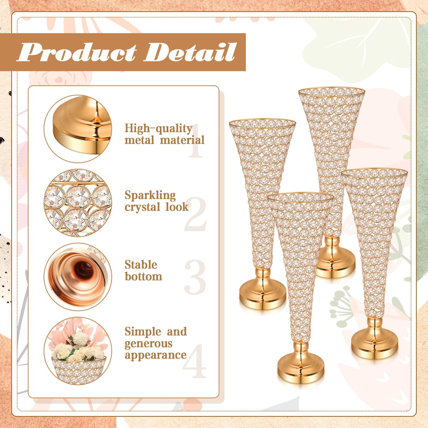 Rtteri 4 Pcs 20 Inch Tall Crystal Vase for Centerpieces Wedding Metal Crystal Trumpet Flower Vase Stand for Holiday Table Floor Wedding Banquet Celebration, Classic Elegance(Gold)