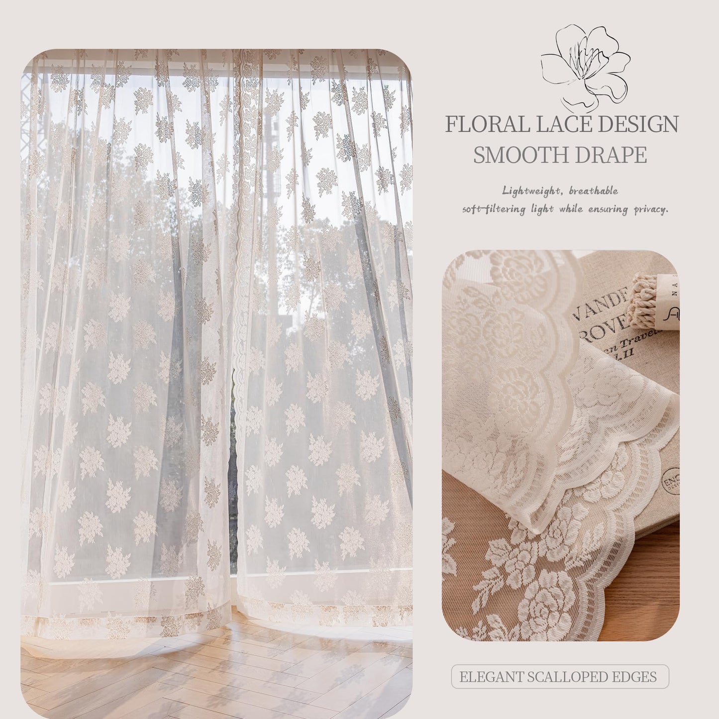 Ivory Lace Curtains 90 Inch Long Vintage Rose with Scalloped Edges Semi Sheer Privacy Curtain Drapes for Living Room, Bedroom Cream Lace Window Curtains with Rod Pocket, 57"W x 90"L, 3 Panels