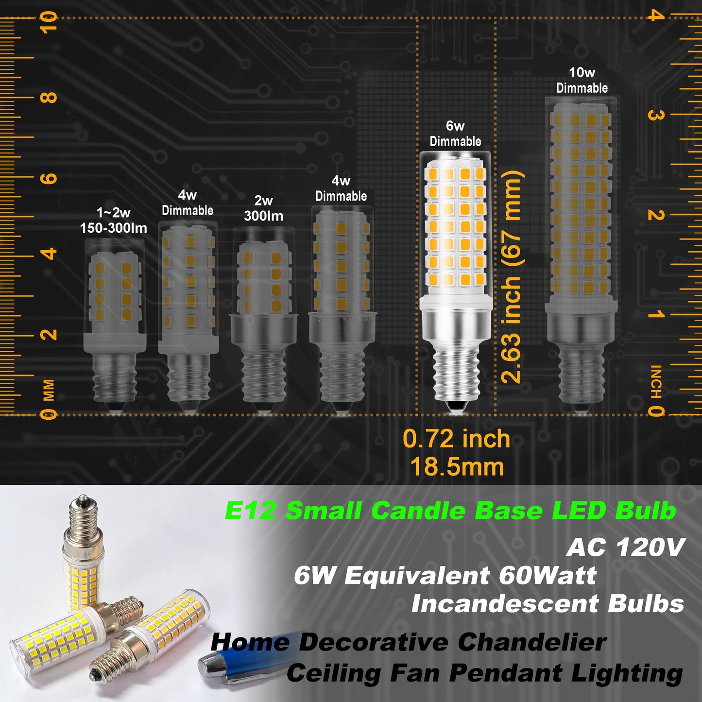 Hylroe E12 Dimmable 6 Watt LED Light Bulb AC120V 600lm Warm White 2700K 60 Watt Halogen Equivalent T6 C7 Candelabra E12 Small Base for Ceiling Fan Chandelier Pendant Wall Sconces Salt Lamp, 4 Pack