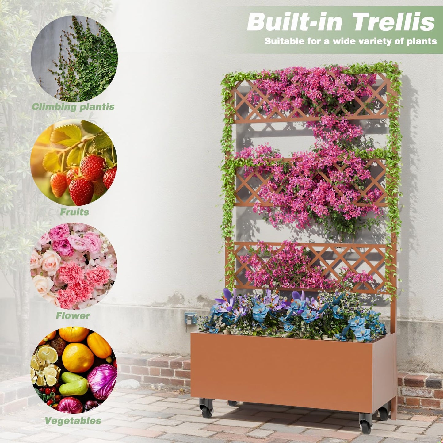 Kinchox Metal Raised Garden Bed with Trellis Outdoor Metal Planter Box with Planting Pockets Garden Box for Climbing Plants Privacy Planters for Patio