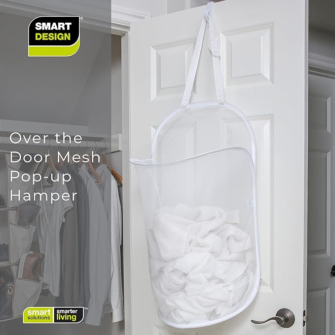 Smart Design Deluxe Mesh Over The Door Pop Up Hamper w/ Hook & Adjustable Strap