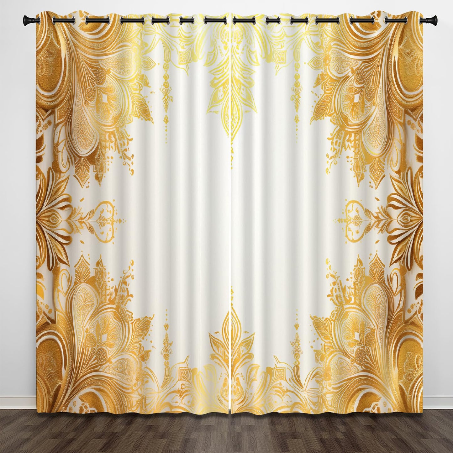 Golden Elegant Flowers Blackout Curtains, Warm Bright Texture 3D Printed Noise Reducing Drapes, 2 Panel Top Grommet Drapes for Bedroom Bathroom Living Room Kids Room(84" W x 84 "L)