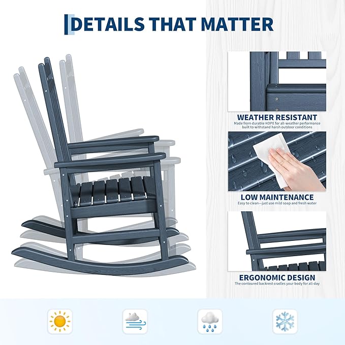 GarveeLife Poly Lumber Rocking Chair Outdoor Set of 2 with Side Table - HDPE High Back Porch Rocker Chairs for Adults - All Weather Resistant Furniture for Patio - Navy Blue