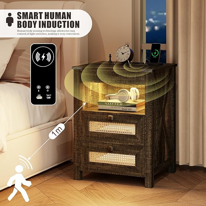 FREDEES Rustic Nightstand with Gun Drawer, End Table with Charging Station