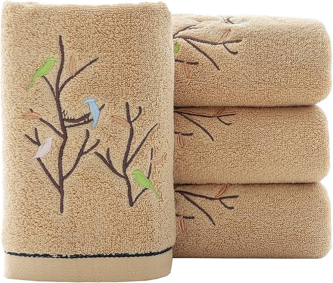 Pidada Hand Towels Set of 4 Embroidered Bird Tree Pattern 100% Cotton Absorbent