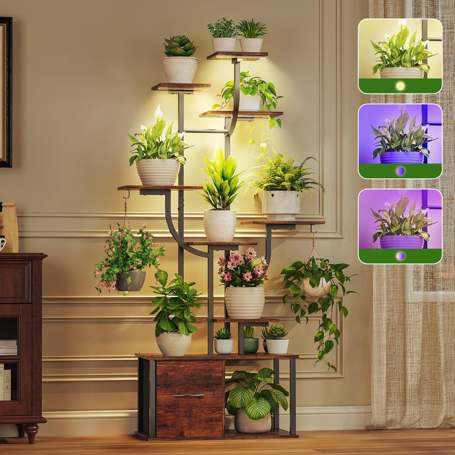 Verinch 59" Plant Stand Indoor with Grow Lights, 2PCS, 9 Tiered Plant Shelf with Drawer, Corner Plant Stands for Indoor Plants, Metal Plant Flower Display Shelf, Plant Rack for Home, Black (1)