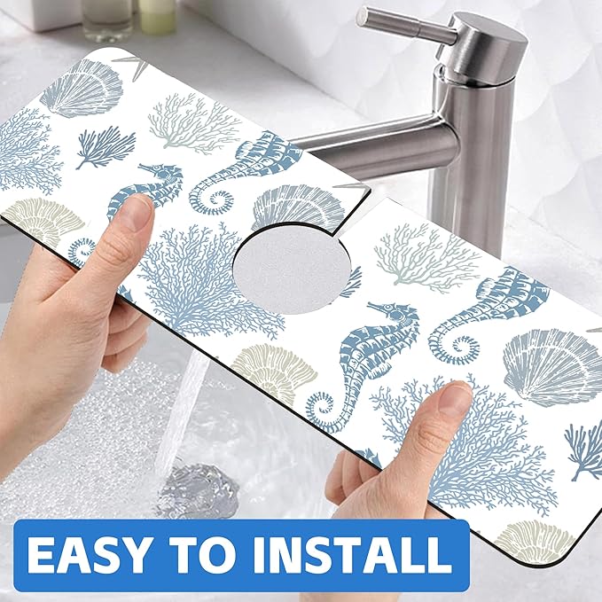 Marine Seashell Seahorse Coral Kitchen Sink Splash Guard Mat Absorbent Fast