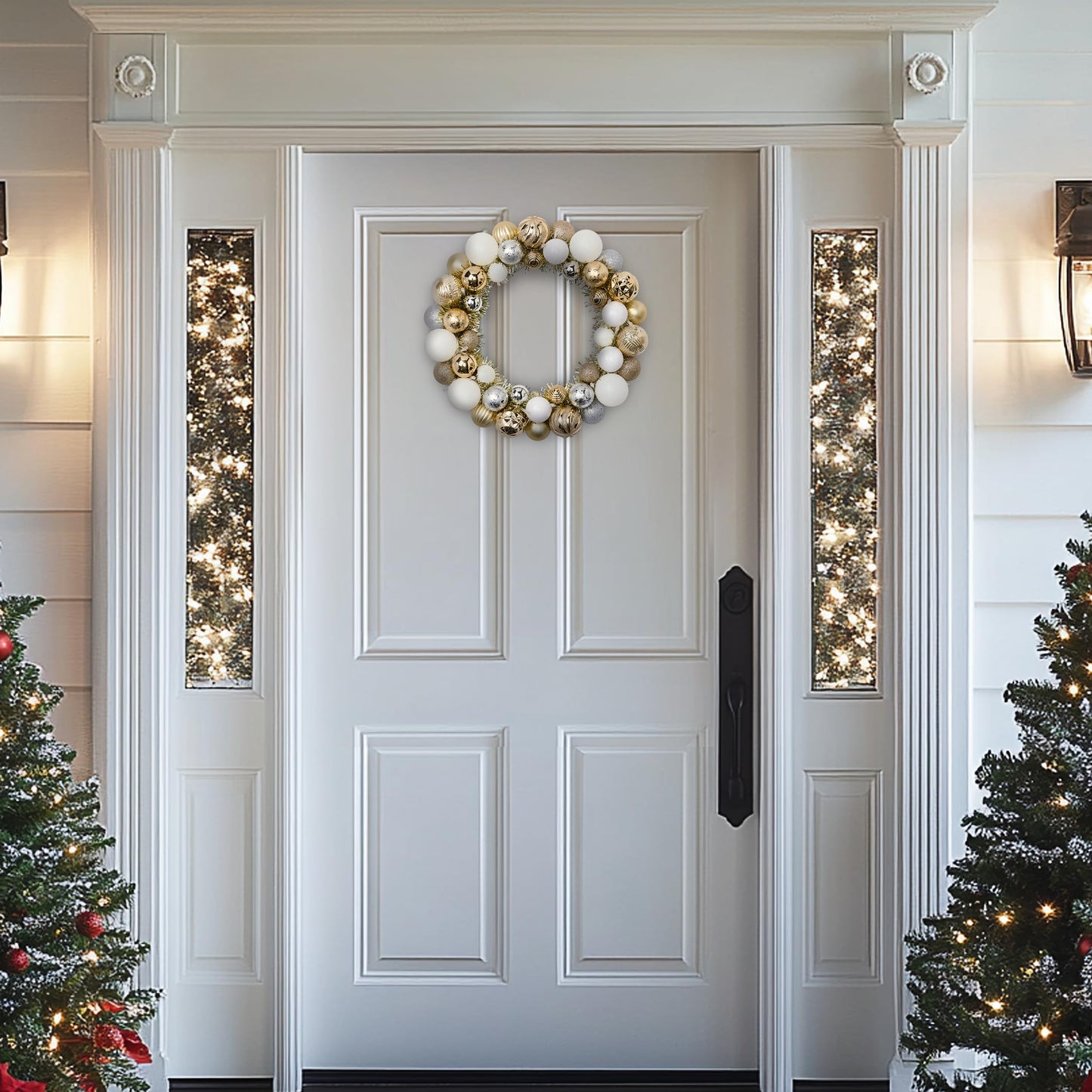 Valery Madelyn Pre-Lit Christmas Ball Wreath for Front Door with Lights, 13'' Lighted Battery Operates Christmas Door Wreath with White Gold Xmas Balls for Home Fireplace Window Table Indoor Decor