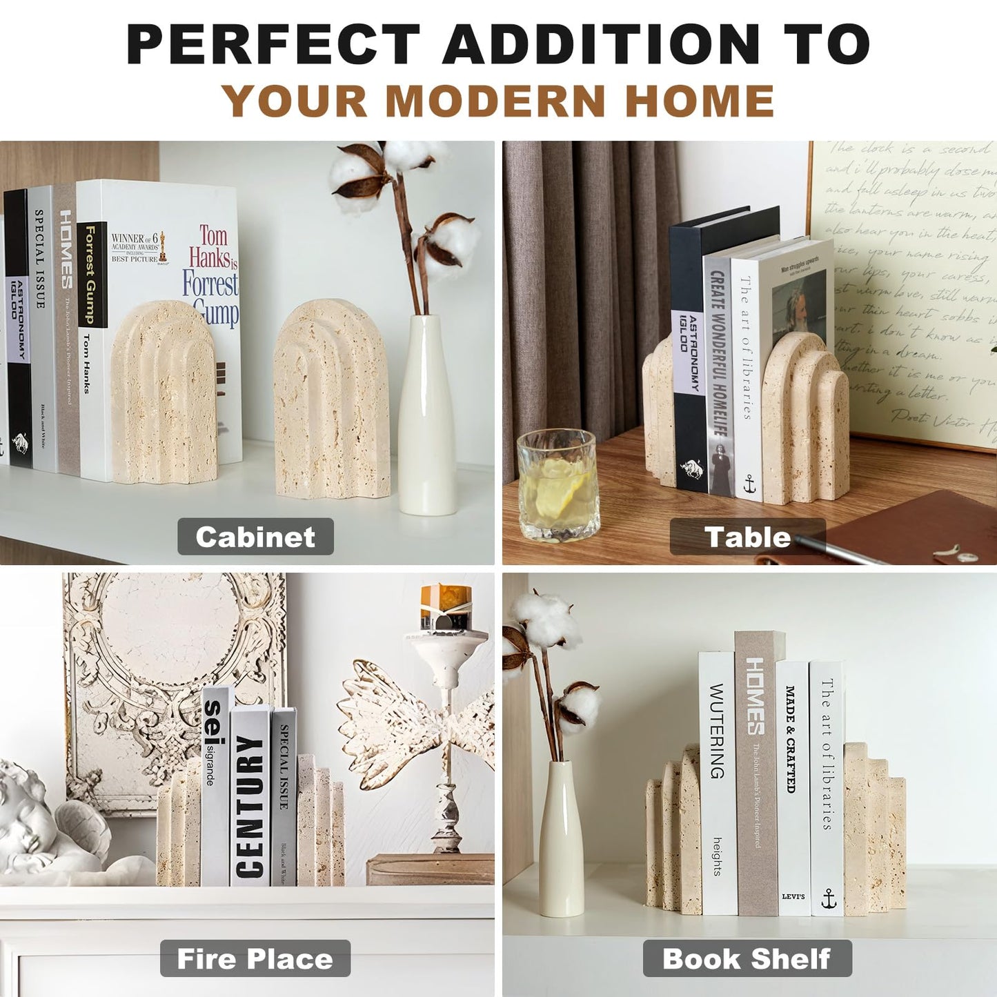 Natural Marble Book Ends - Heavy Duty Bookends for Shelves - Aesthetic Layered Arch Design Stone Book Holders, Unique Modern Office Bookshelf Stopper Decor for Books/CDs(Travertino Turkey)