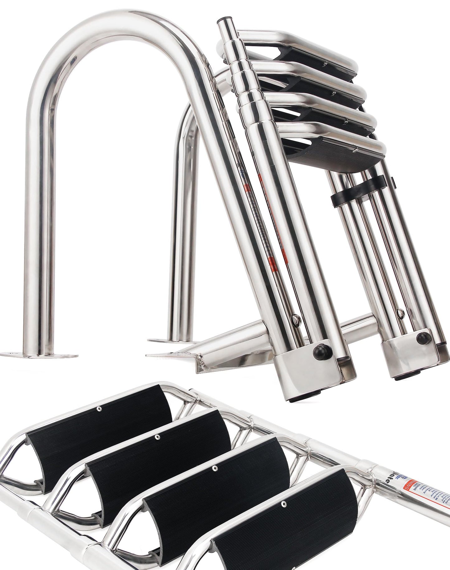 Mojiate 4-Step Heavy-Duty Stainless Steel Pontoon Boat Ladder with Extra Wide Steps & Handrails | Telescoping Folding Rear Entry Ladder, 600lbs Capacity, Marine-Grade 316 Stainless Steel