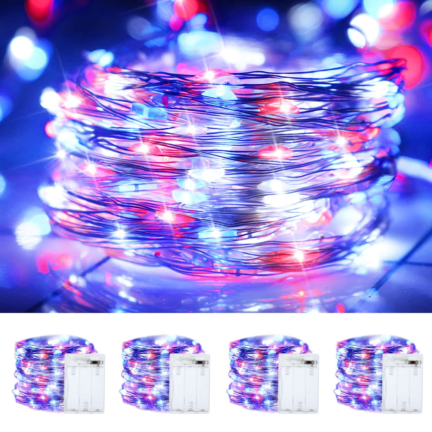 Curyidy 4th of July String Lights Independence Day Decorations, 4 Pack 100LED Copper Patriotic Lights Waterproof Fairy Lights for Fourth of July, Patriotic, Memorial Day Decor- Red White Blue